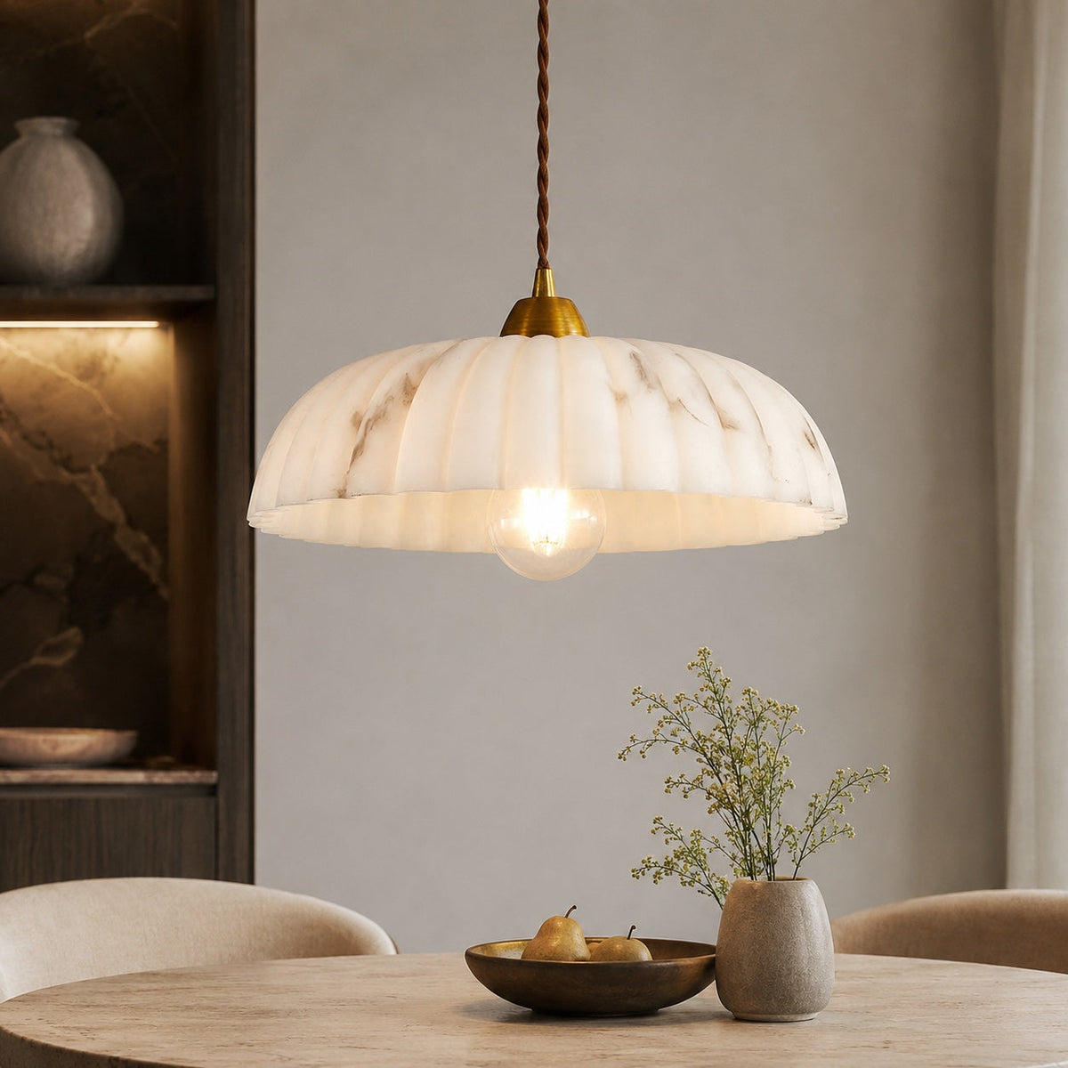 Alabaster Shade Pendant Light | Antique Gold Dimmable Fixture