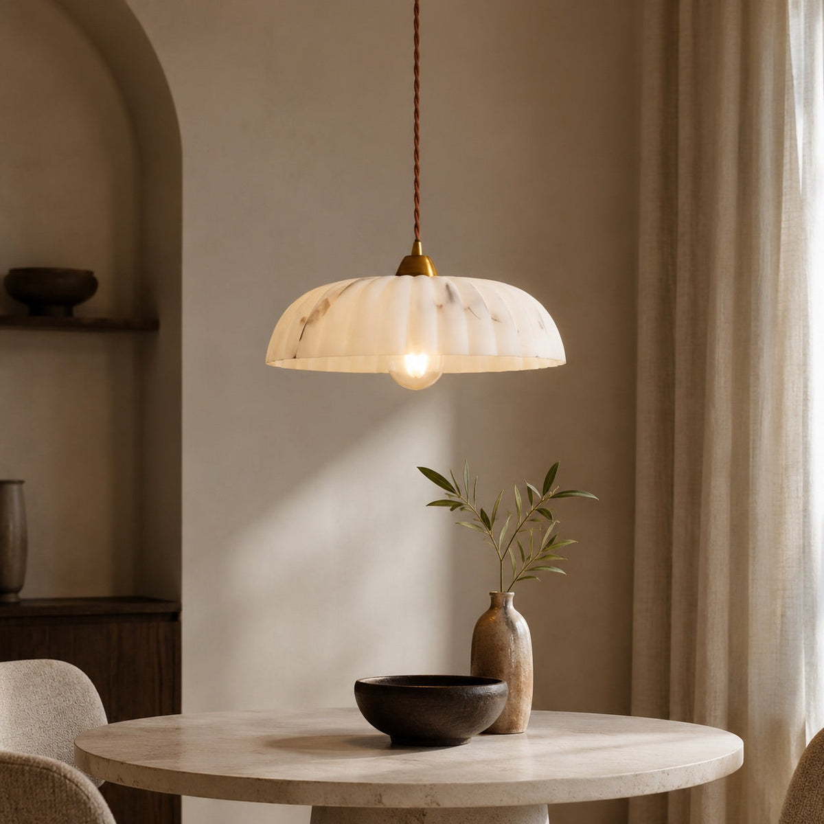 Alabaster Shade Pendant Light | Antique Gold Dimmable Fixture
