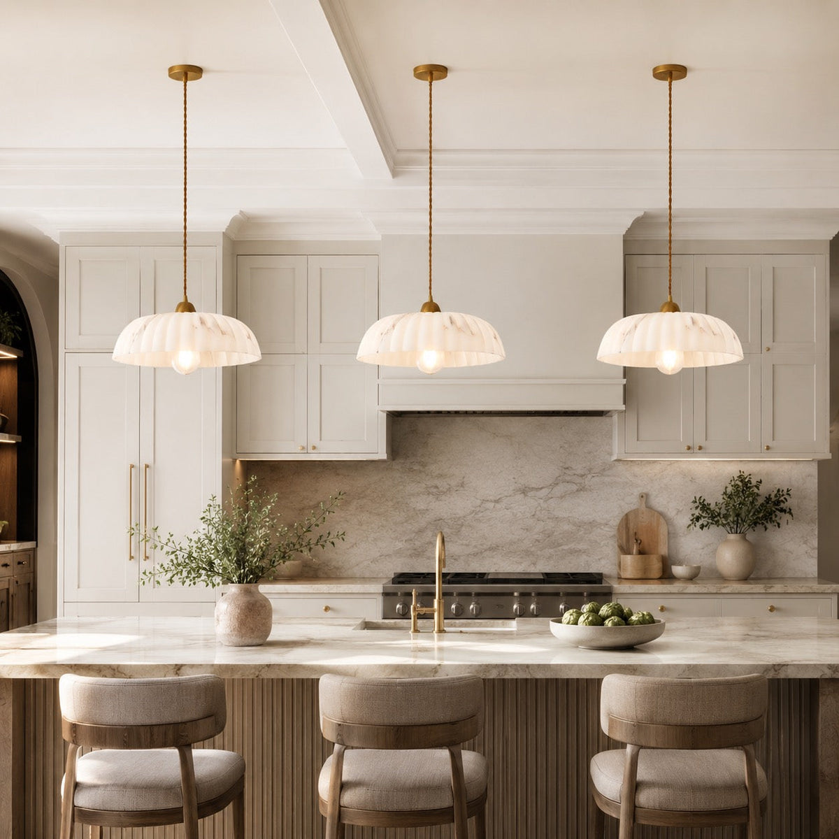 Alabaster Shade Pendant Light | Antique Gold Dimmable Fixture
