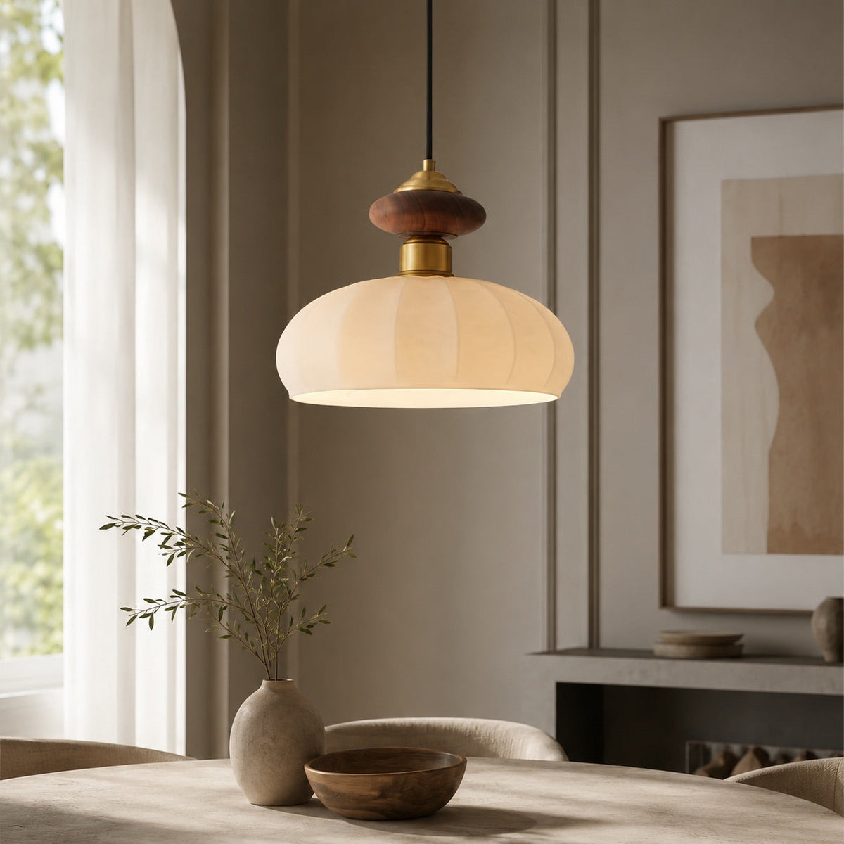Brass & Walnut Glass Pendant | Adjustable Kitchen Island Light