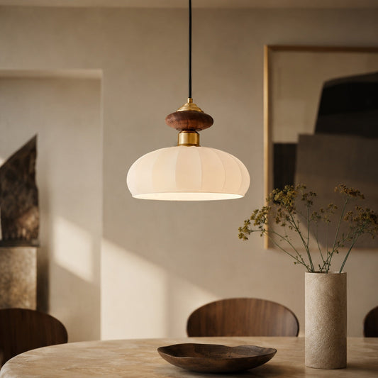 Brass & Walnut Glass Pendant | Adjustable Kitchen Island Light
