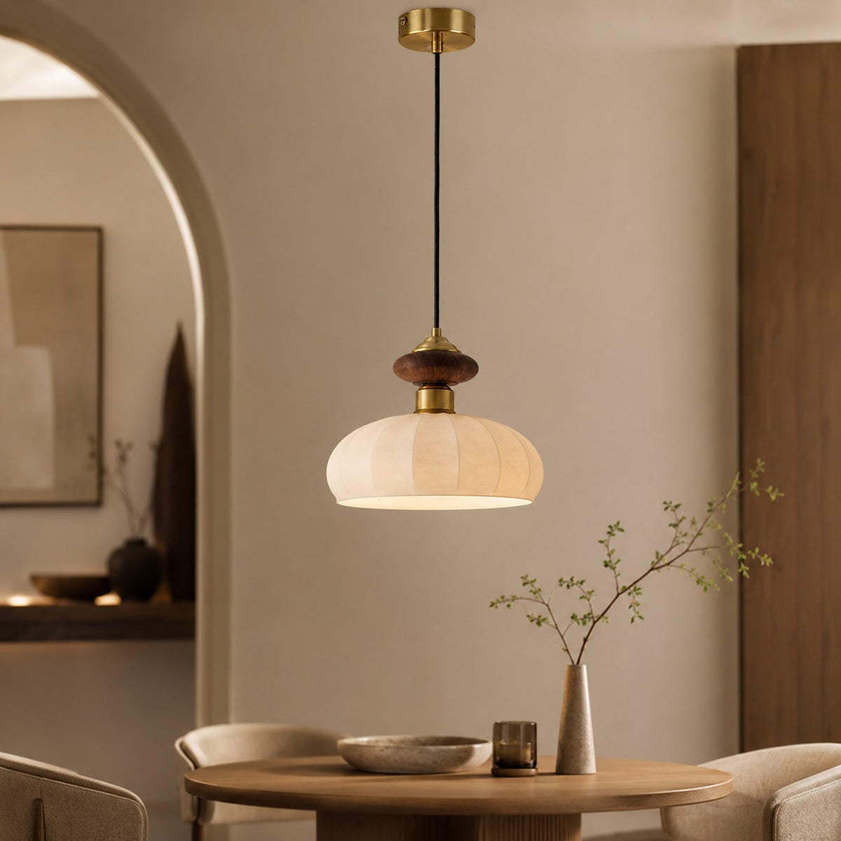 Brass & Walnut Glass Pendant | Adjustable Kitchen Island Light