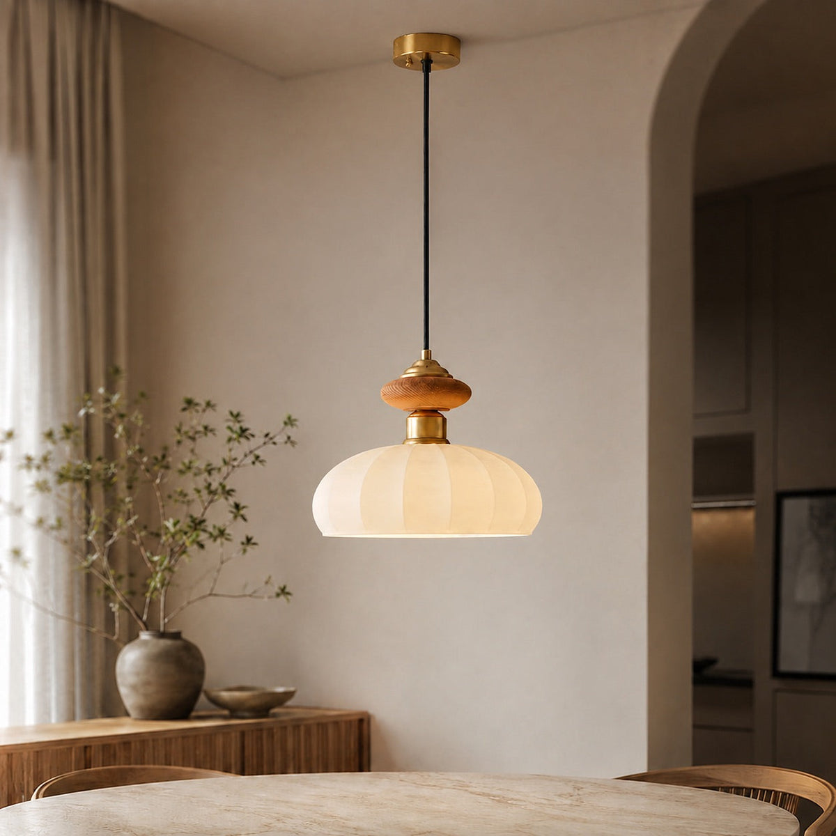 Brass & Walnut Glass Pendant | Adjustable Kitchen Island Light