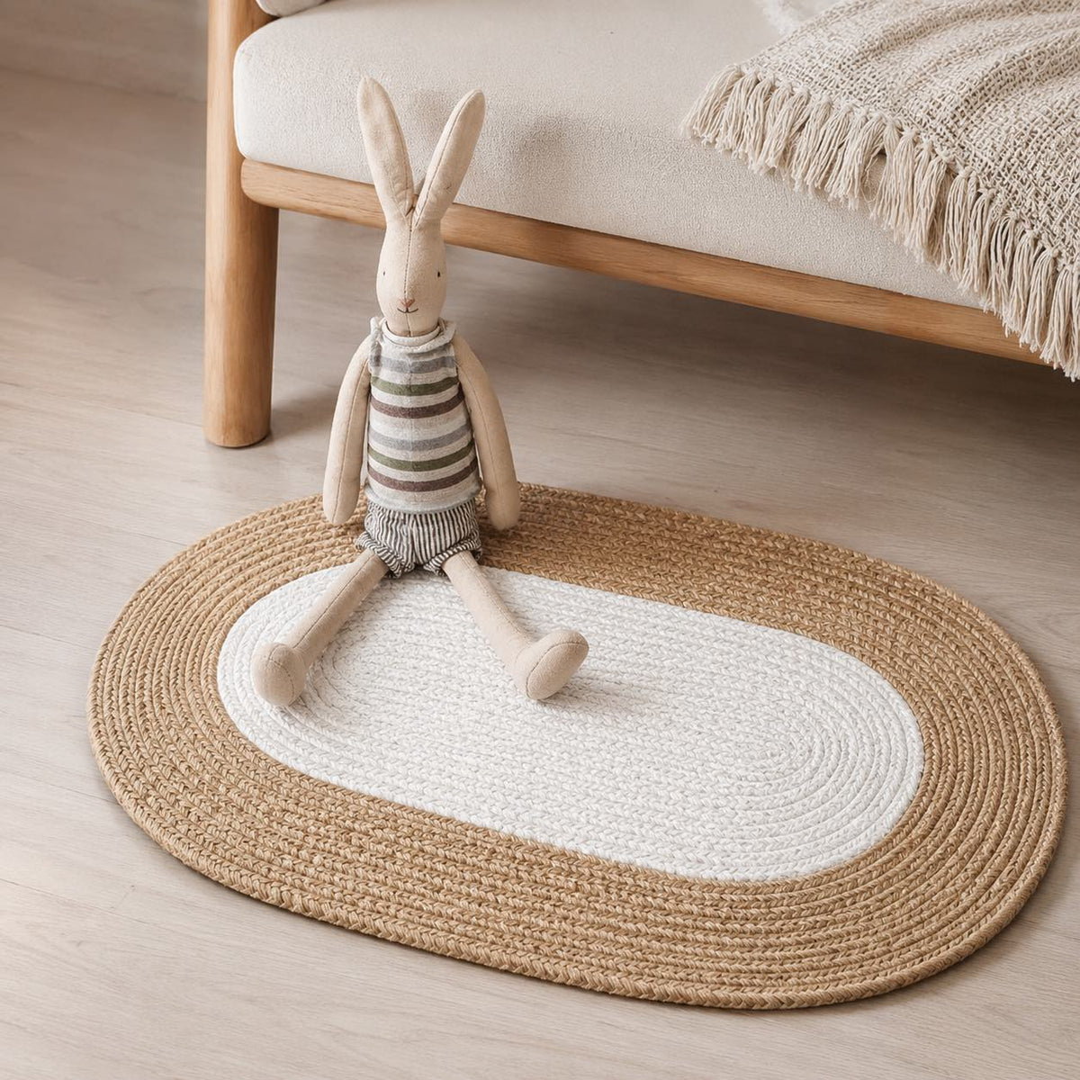 Boho Oval Hemp Rug – Handmade Washable Natural Fiber Accent Rug