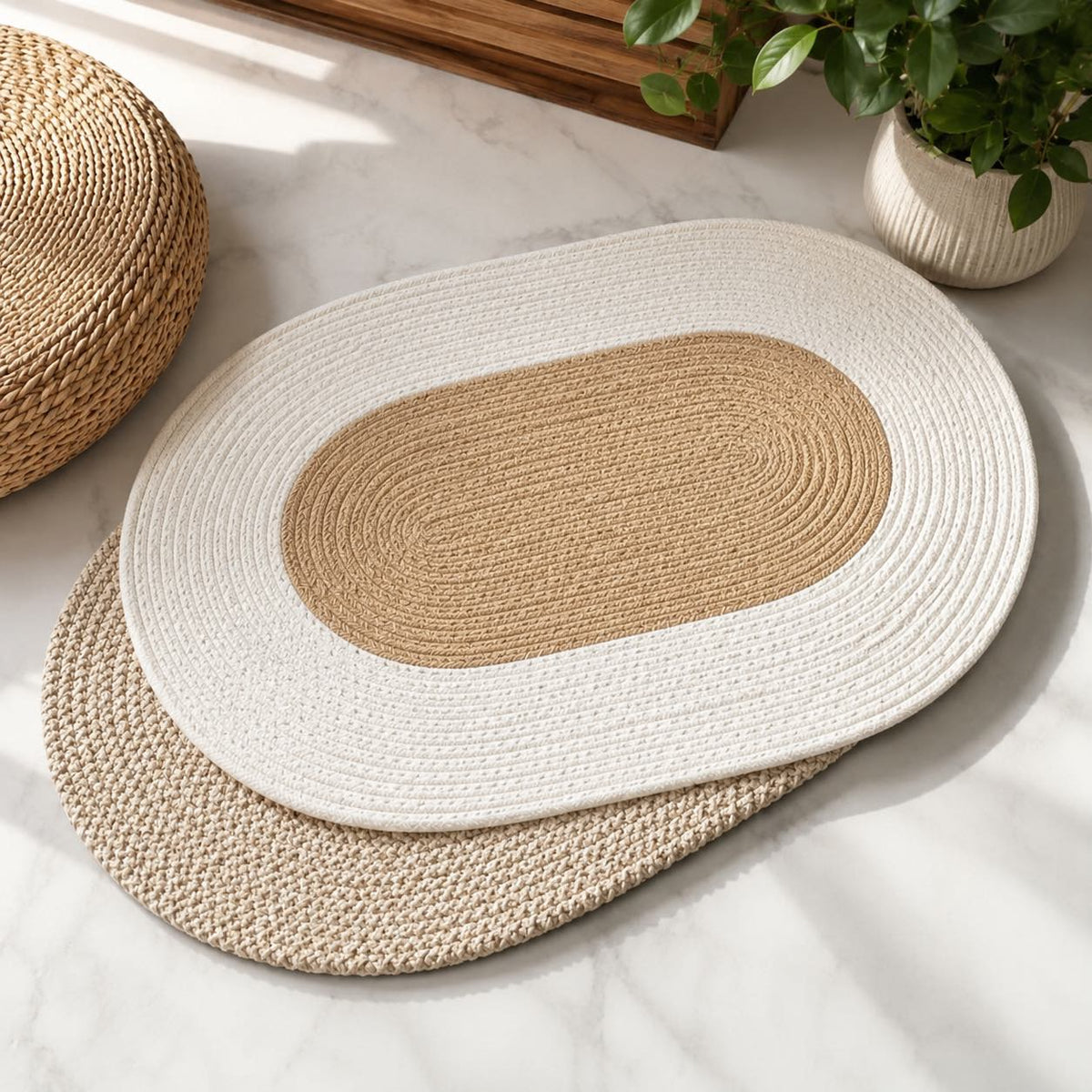 Boho Oval Hemp Rug – Handmade Washable Natural Fiber Accent Rug