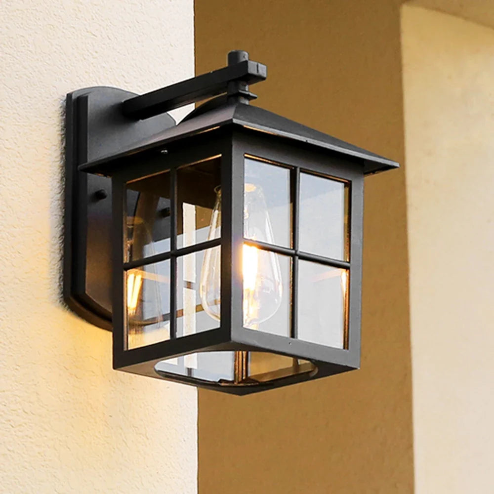 Camden Outdoor Wall Lantern – Vintage E27 Wall Sconce, Black Metal & Glass