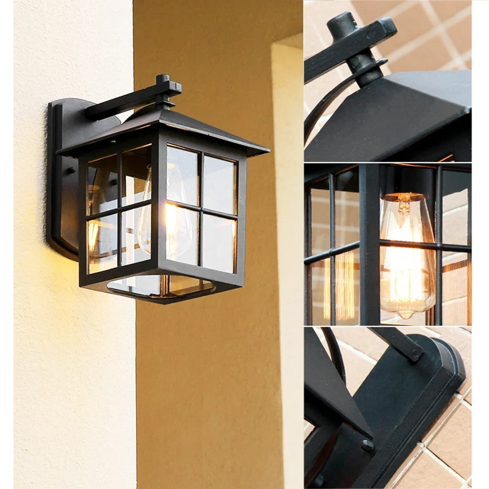 Camden Outdoor Wall Lantern – Vintage E27 Wall Sconce, Black Metal & Glass