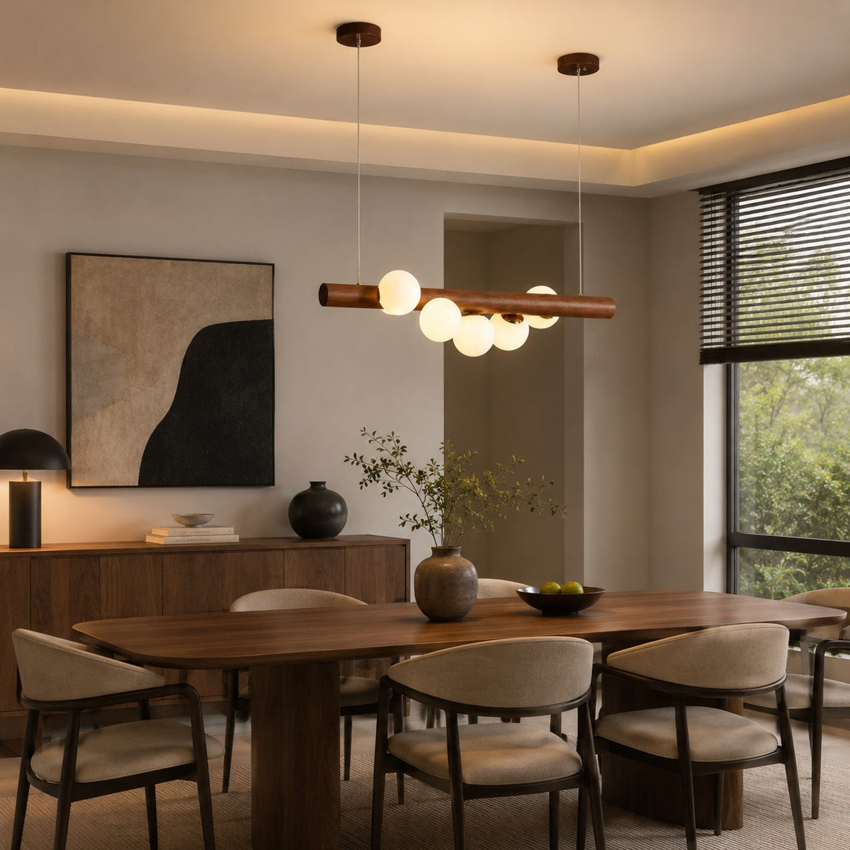 Opal Glass Globe Pendant | Scandinavian Walnut Bar Light