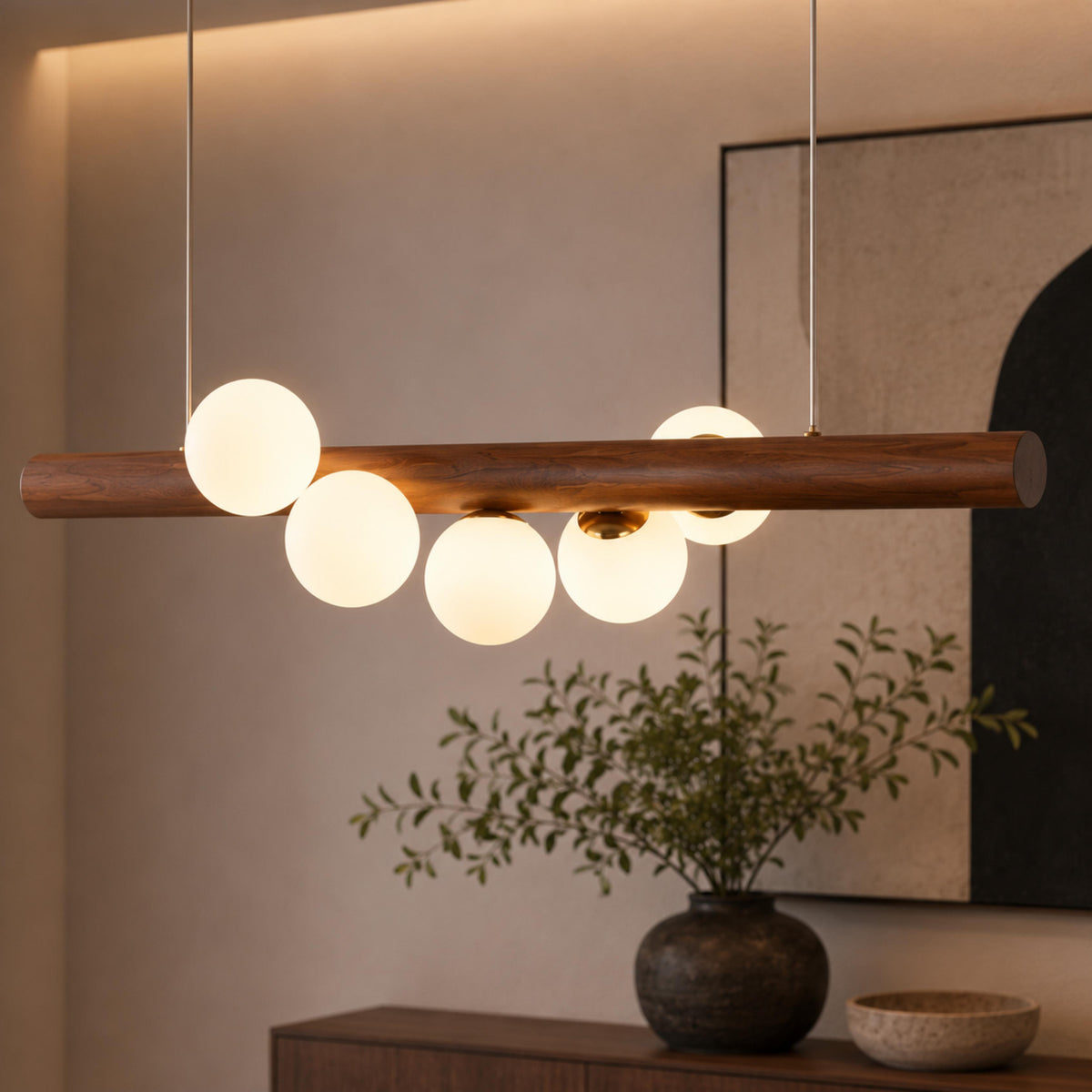 Opal Glass Globe Pendant | Scandinavian Walnut Bar Light