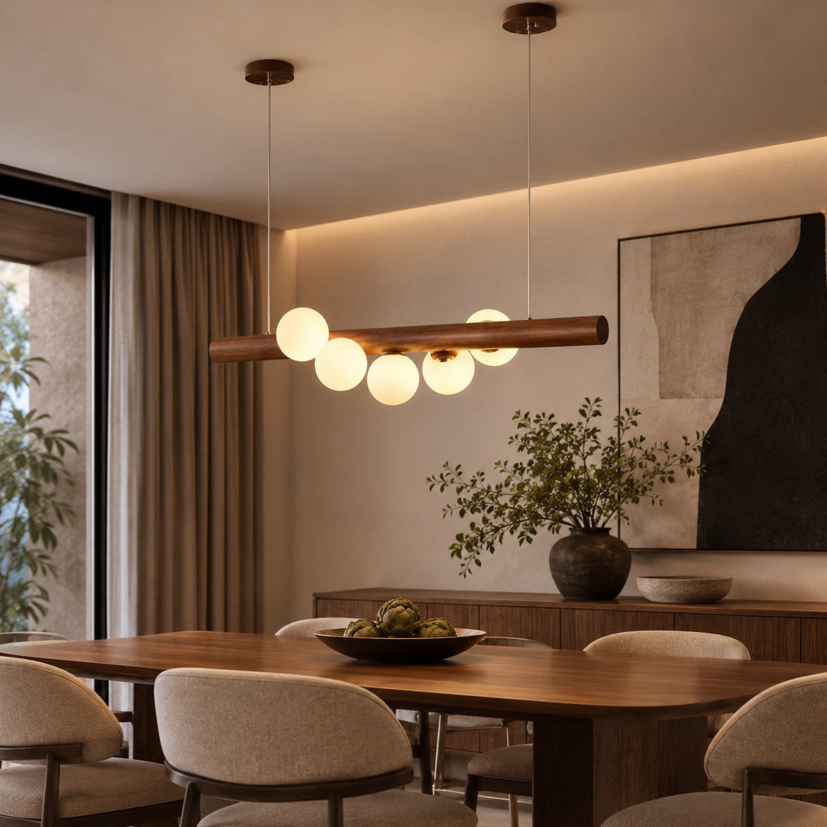 Opal Glass Globe Pendant | Scandinavian Walnut Bar Light