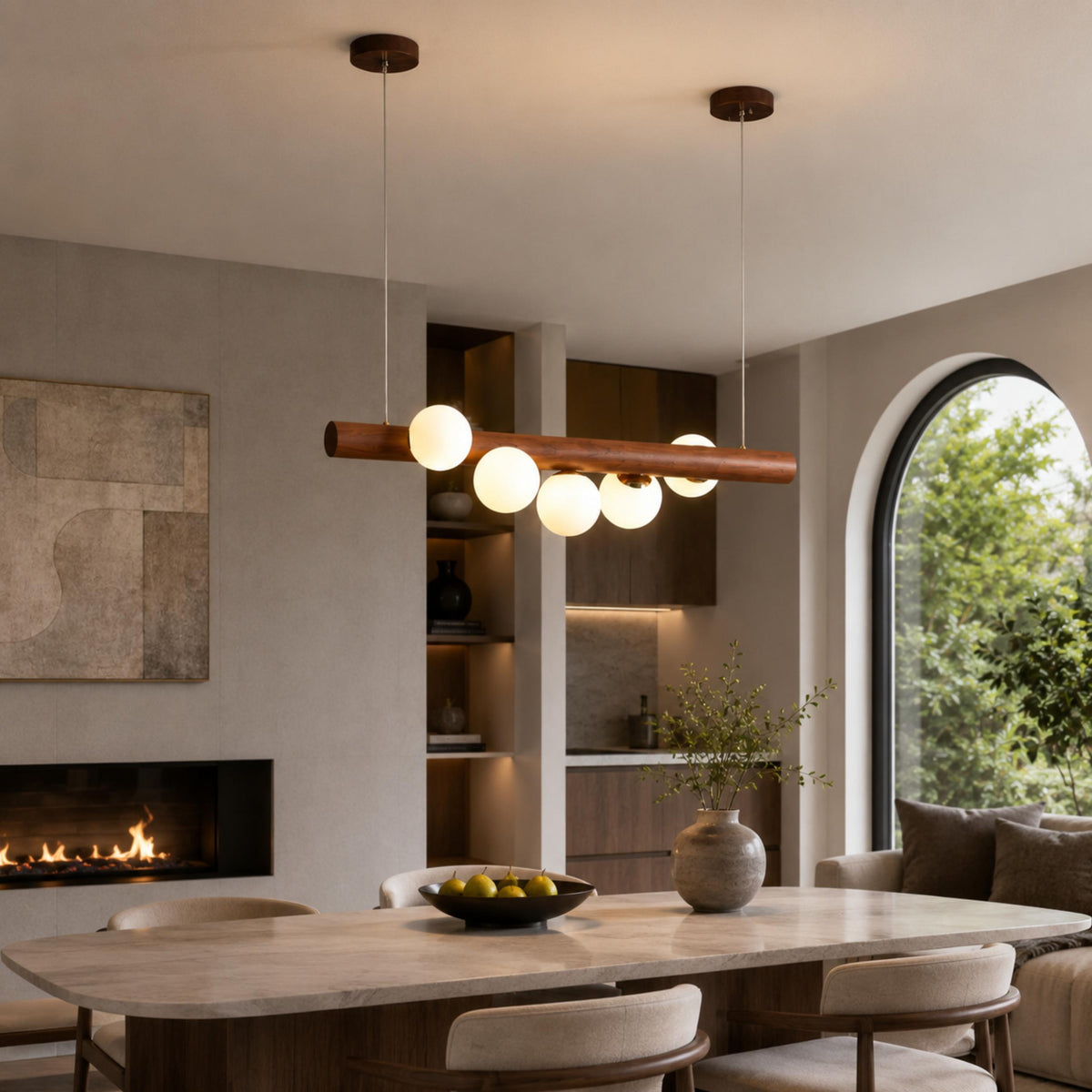 Opal Glass Globe Pendant | Scandinavian Walnut Bar Light