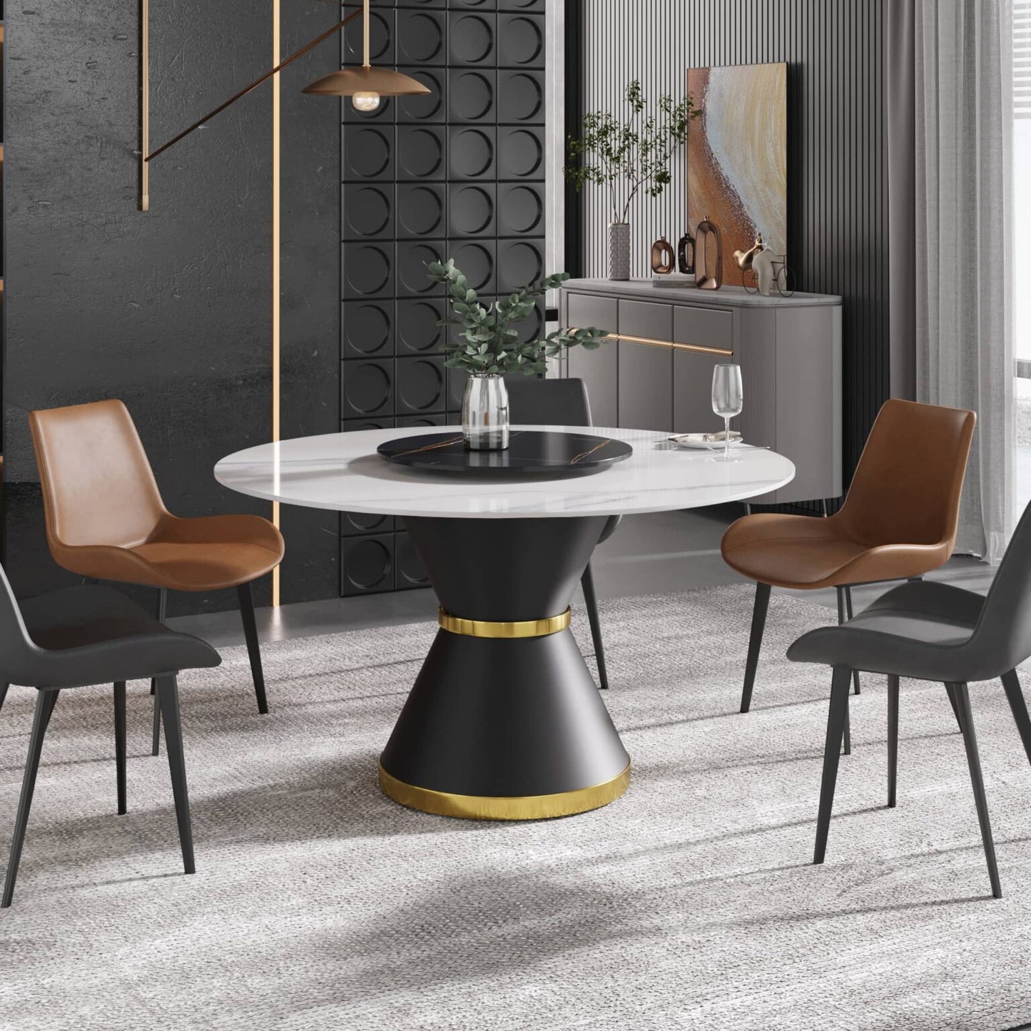 Mina White&Black Round Dining Table with Lazy Susan