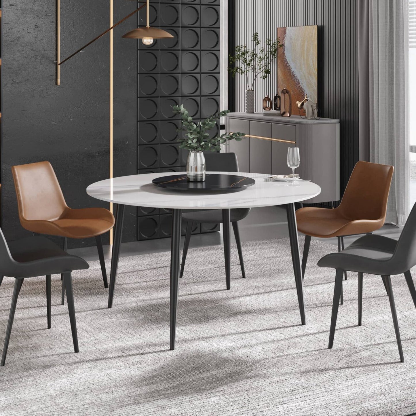 Mina White&Black Round Dining Table with Lazy Susan