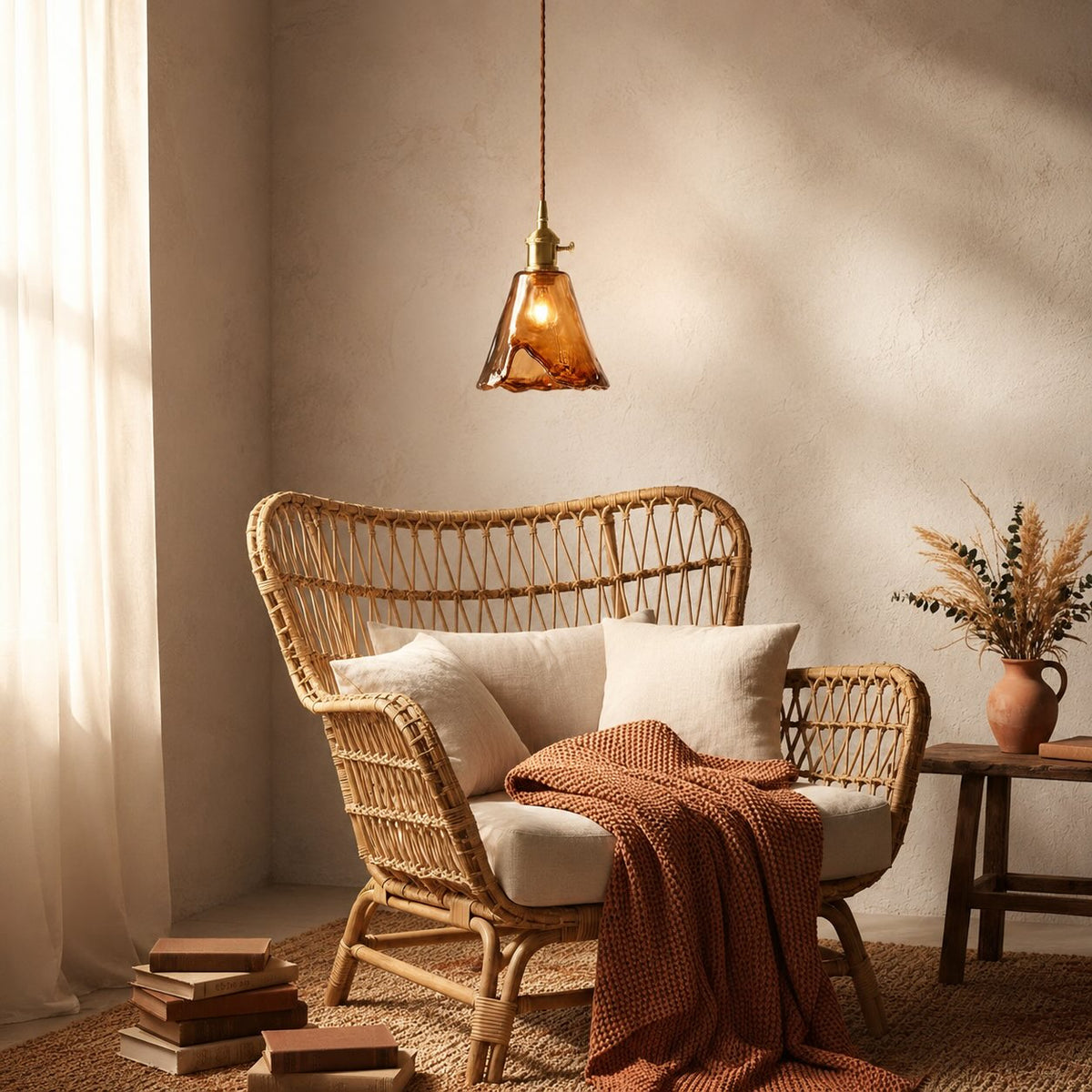 Vintage Brass Pendant Light | Amber Glass Shade Fixture