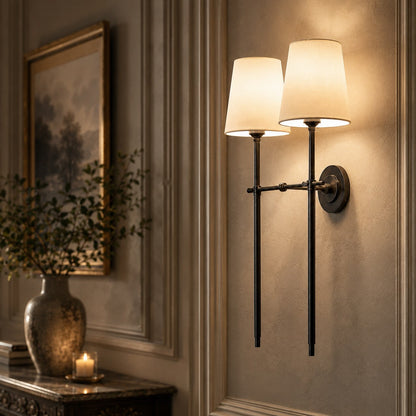 Brass Wall Sconce | Tapered Fabric Shade Indoor LED Light