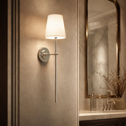 Brass Wall Sconce | Tapered Fabric Shade Indoor LED Light