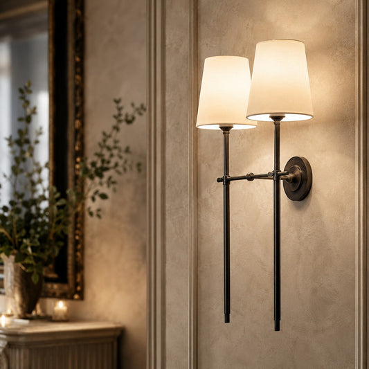 Brass Wall Sconce | Tapered Fabric Shade Indoor LED Light