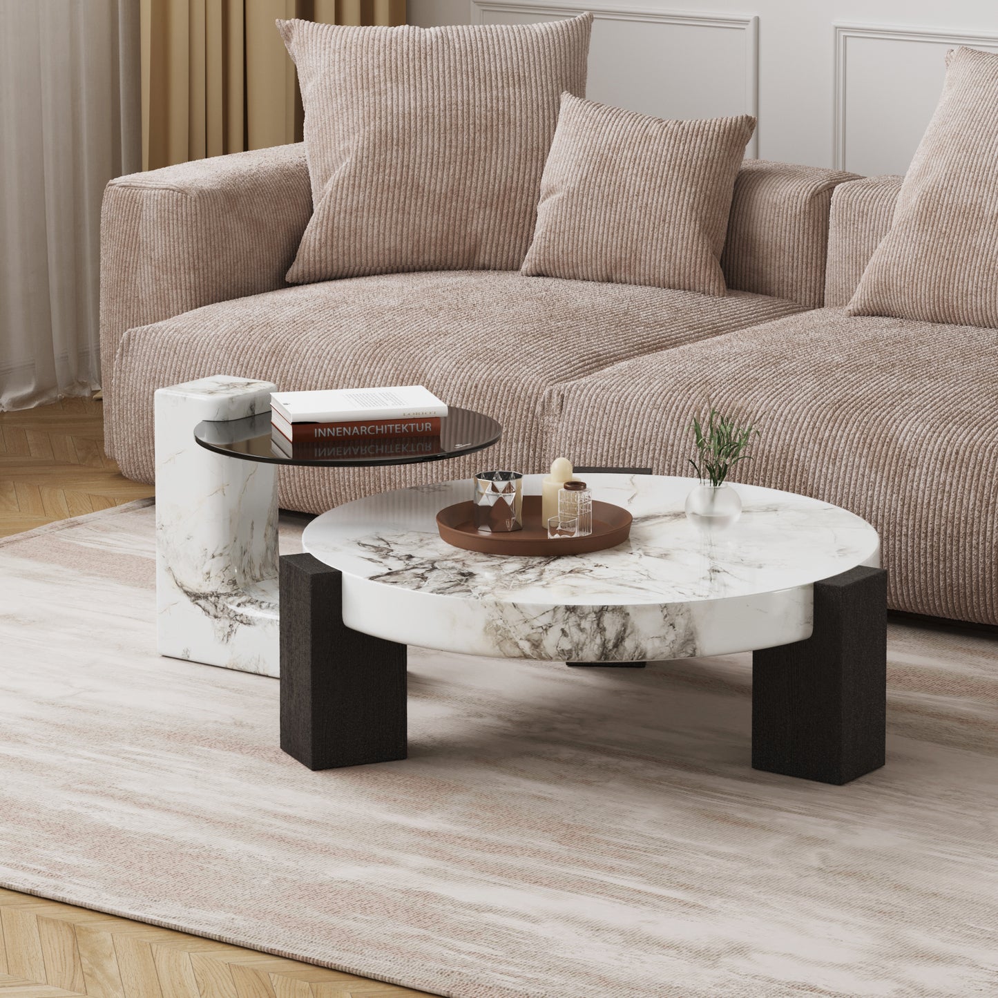 Lena 2-Piece Round Circular Marble and Glass Coffee Table