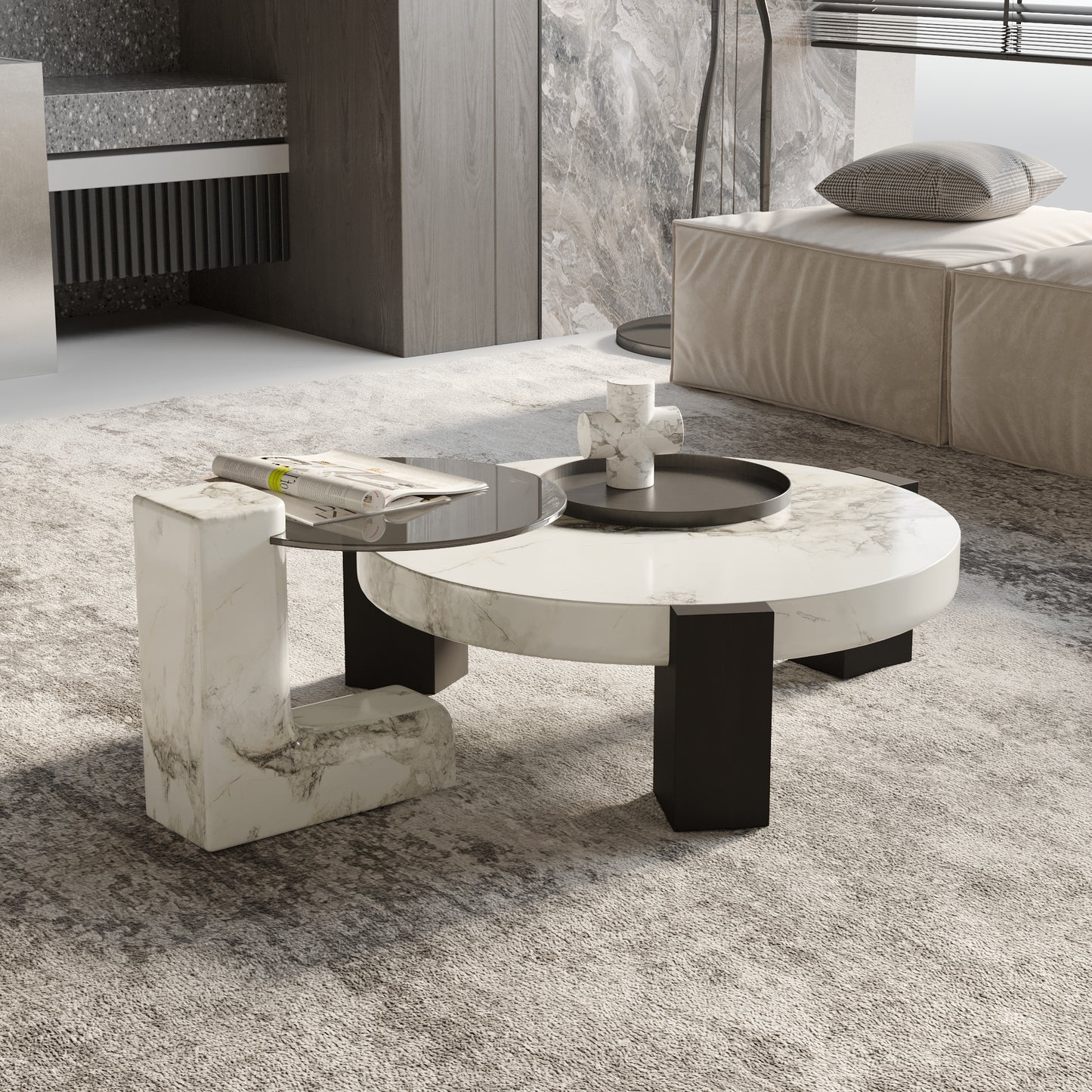 Lena 2-Piece Round Circular Marble and Glass Coffee Table