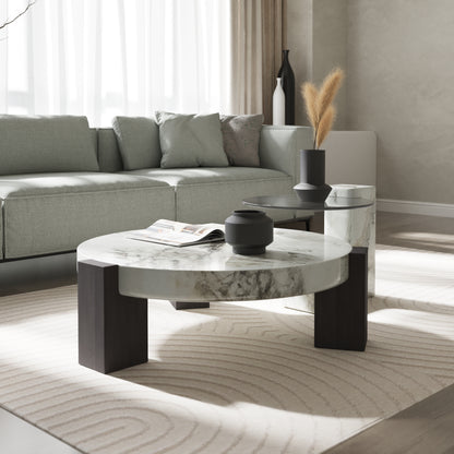 Lena 2-Piece Round Circular Marble and Glass Coffee Table