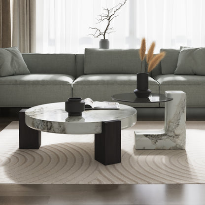 Lena 2-Piece Round Circular Marble and Glass Coffee Table