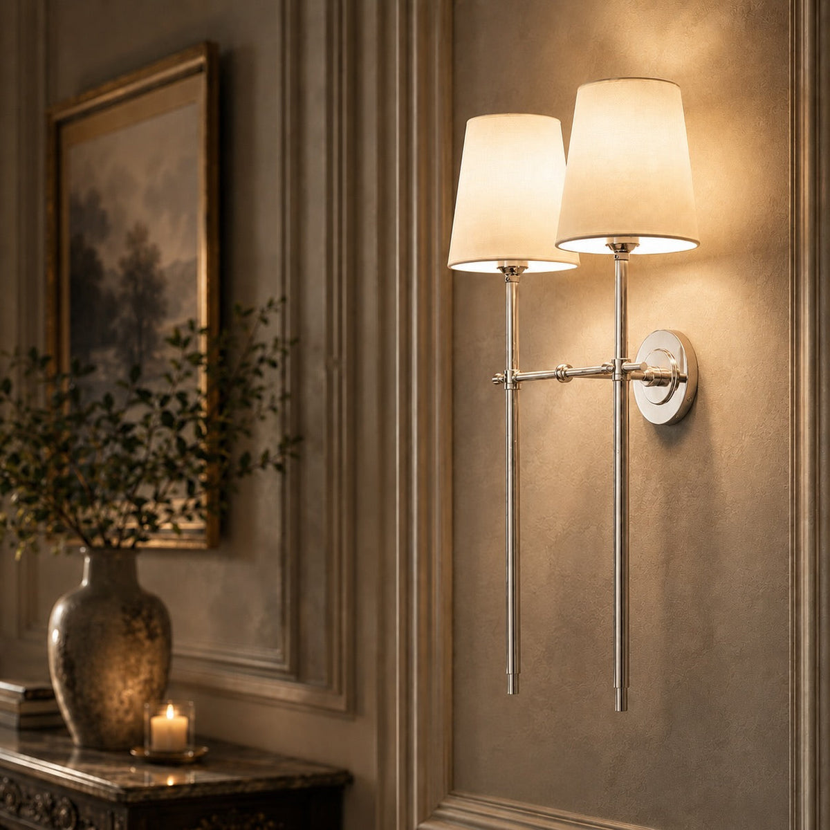 Brass Wall Sconce | Tapered Fabric Shade Indoor LED Light