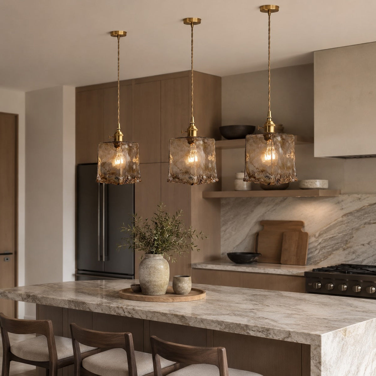 Vintage Brass Pendant Light | Amber Glass Shade Fixture