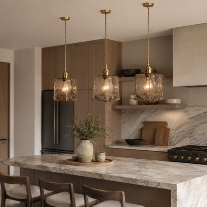 Vintage Brass Pendant Light | Amber Glass Shade Fixture