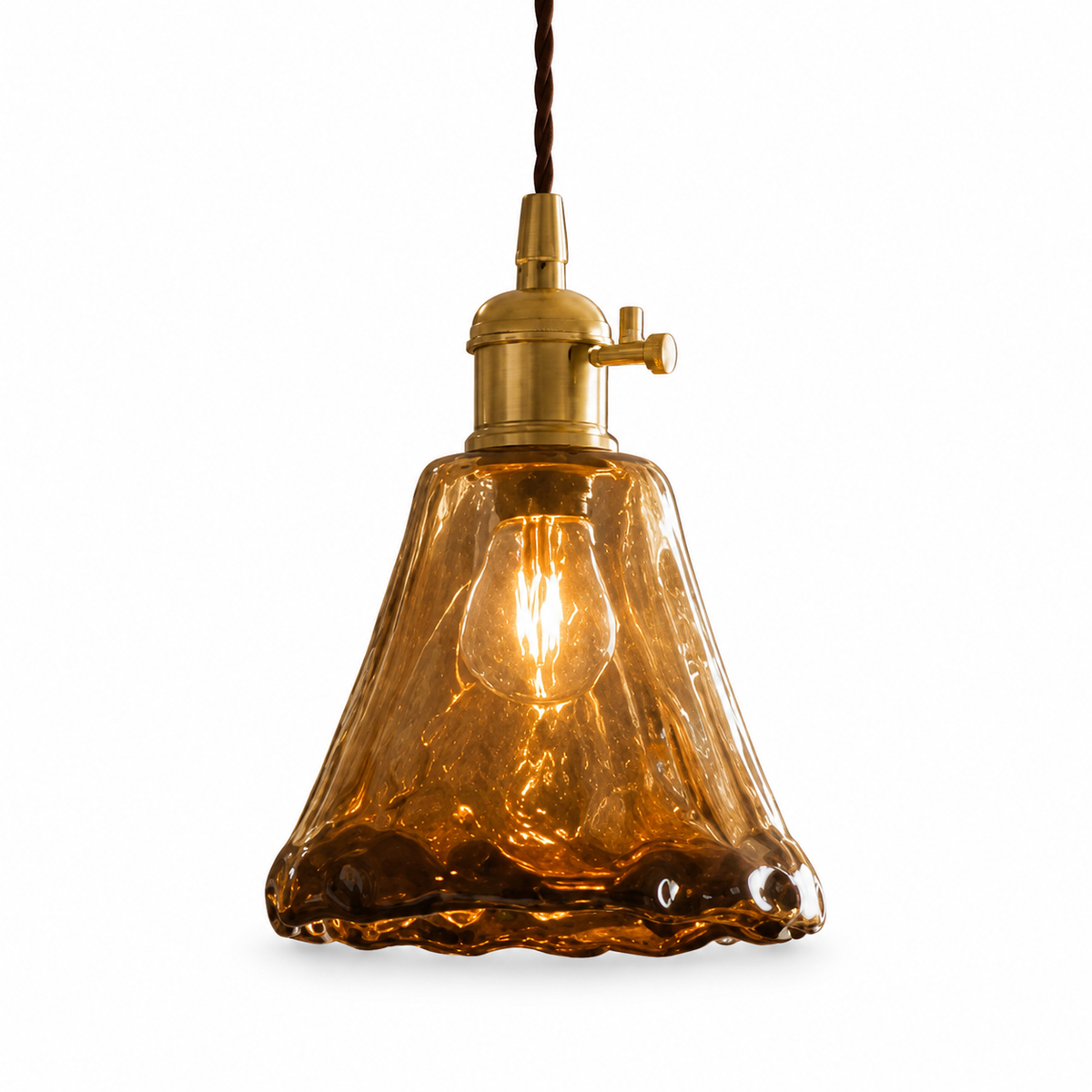 Vintage Brass Pendant Light | Amber Glass Shade Fixture