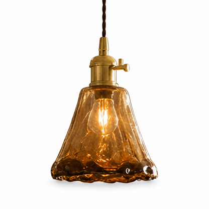 Vintage Brass Pendant Light | Amber Glass Shade Fixture
