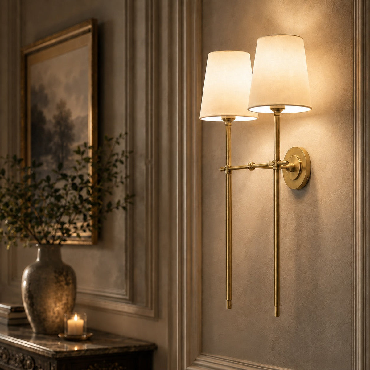 Brass Wall Sconce | Tapered Fabric Shade Indoor LED Light