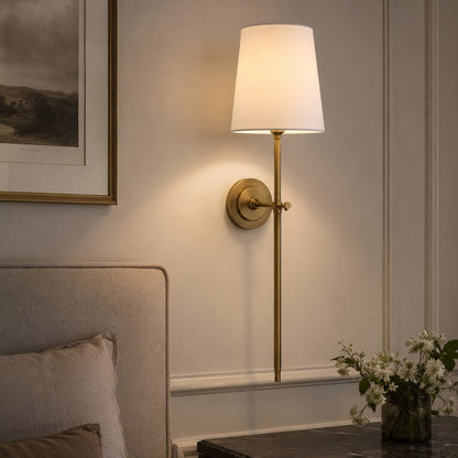 Brass Wall Sconce | Tapered Fabric Shade Indoor LED Light