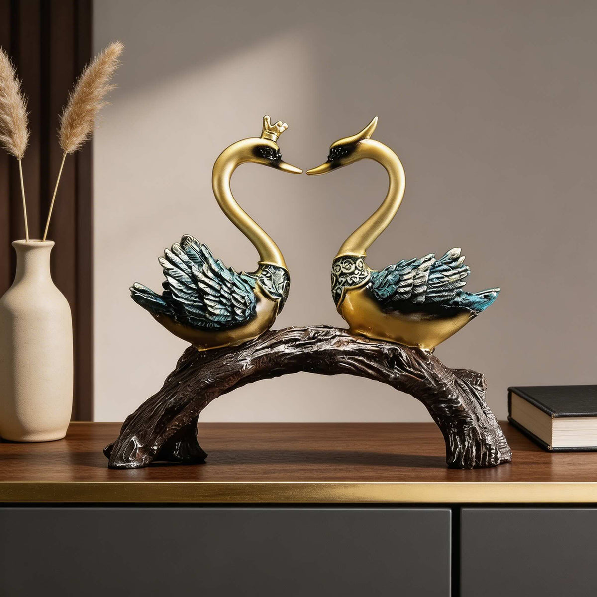 Ceramic Swan Pair Ornament – 11" Decorative Figurine Set