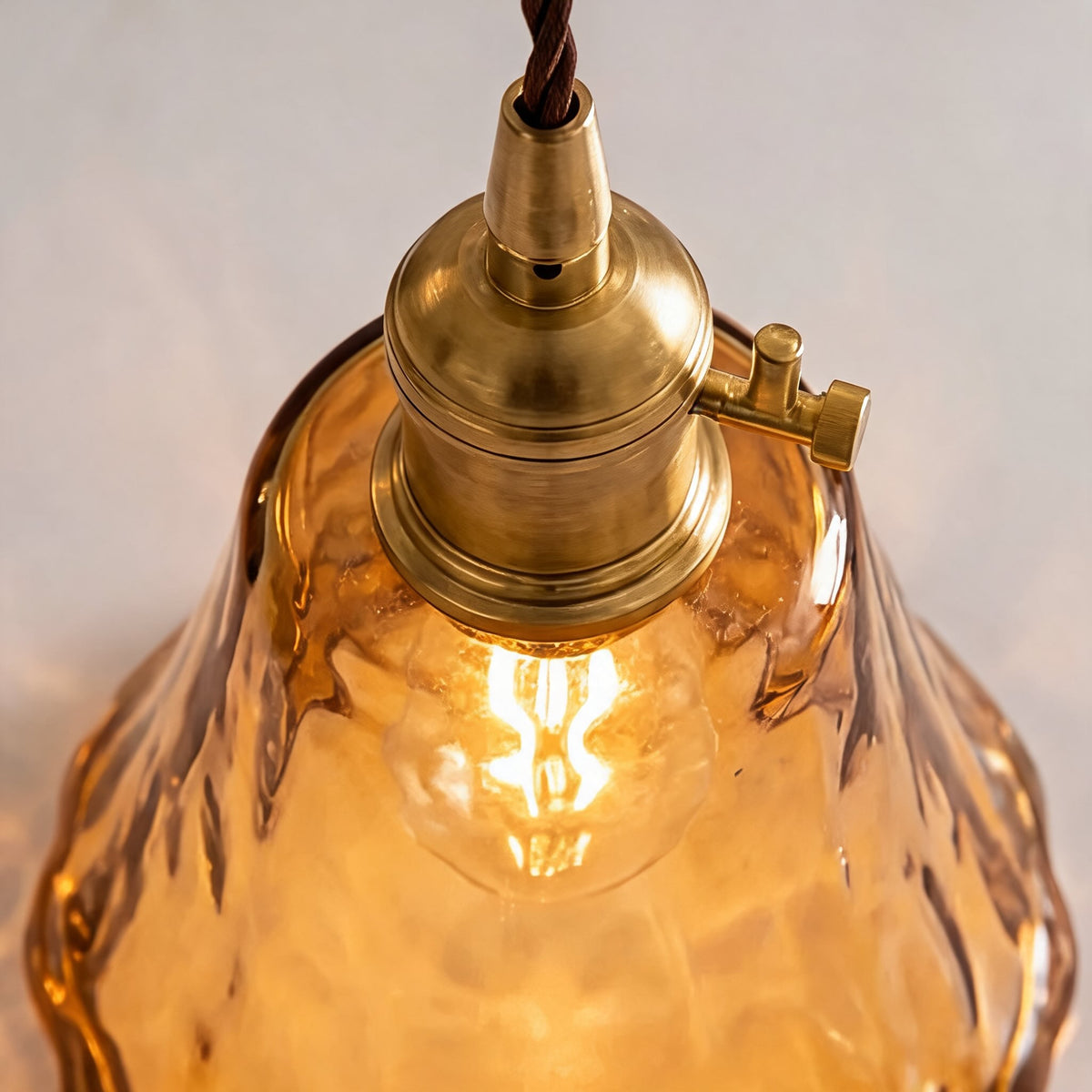 Vintage Brass Pendant Light | Amber Glass Shade Fixture
