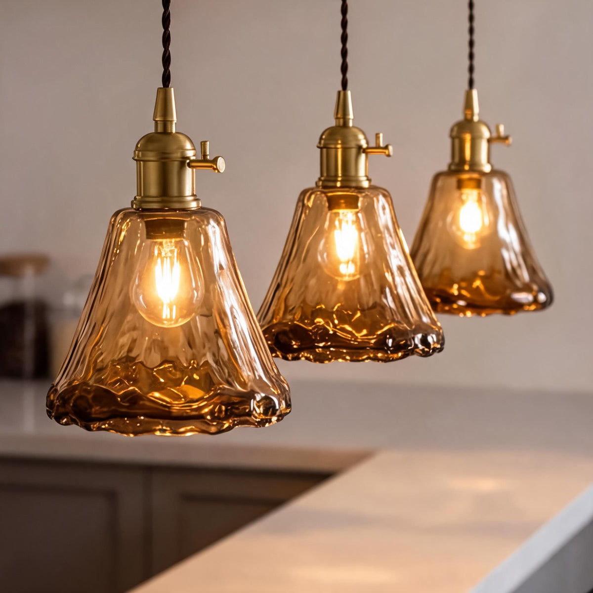 Vintage Brass Pendant Light | Amber Glass Shade Fixture