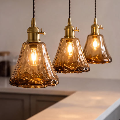 Vintage Brass Pendant Light | Amber Glass Shade Fixture