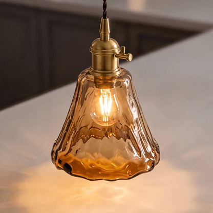 Vintage Brass Pendant Light | Amber Glass Shade Fixture