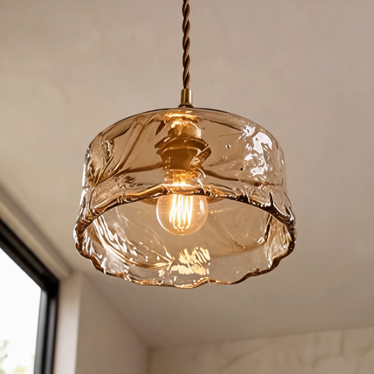 Vintage Brass Pendant Lamp | Amber Glass Hanging Shade