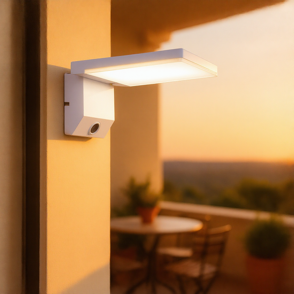 White LumiFold adjustable outdoor wall light on a cream balcony wall at golden hour