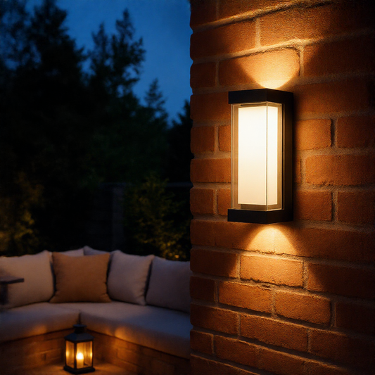 Up down LED wall sconce on a brick garden wall above seating at blue hour