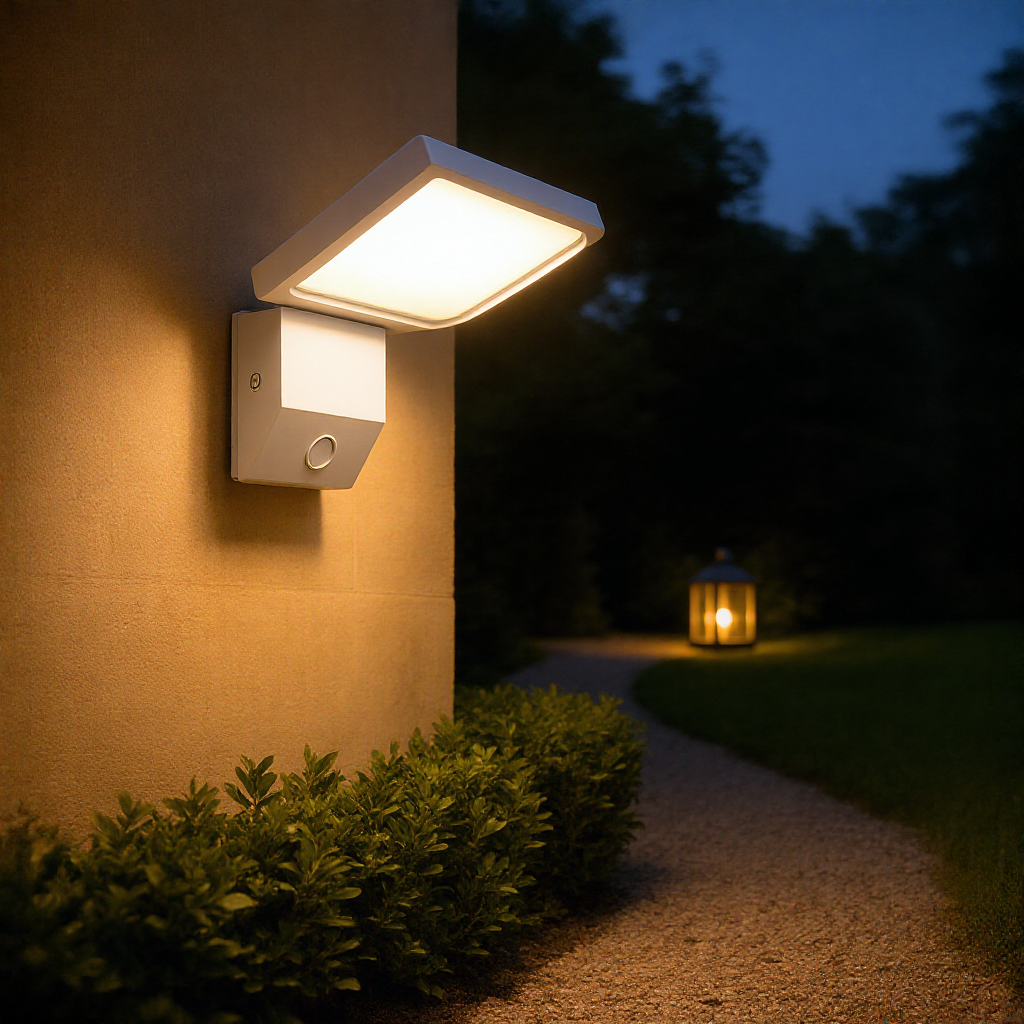 White LumiFold adjustable outdoor wall light on a stone garden wall at dusk