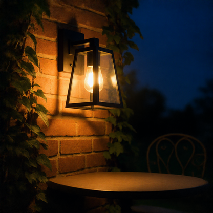 Verona outdoor wall lantern glowing on a brick courtyard wall at night