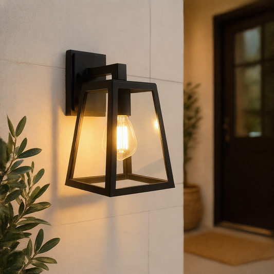 Verona outdoor wall lantern mounted beside a wood front door at dusk