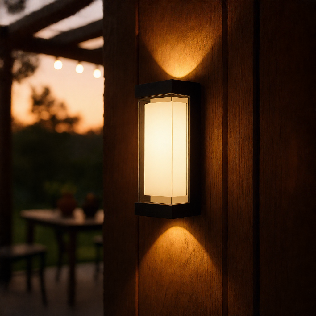 Up down LED wall sconce on wood cladding under a pergola at golden hour