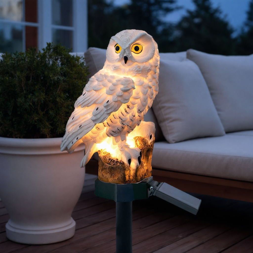 Solar owl garden light in a planter on a wood deck at blue hour