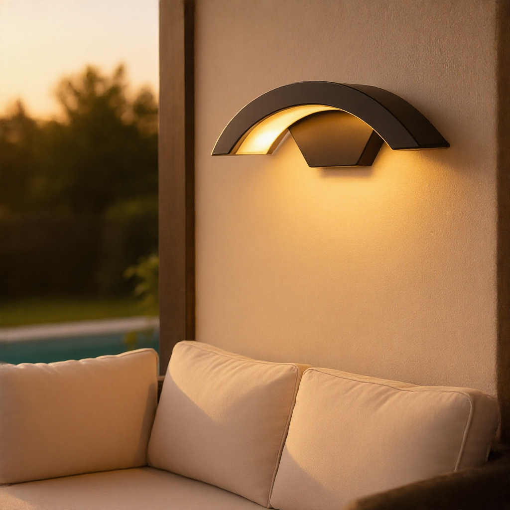 Curved black outdoor wall light above patio seating at golden hour