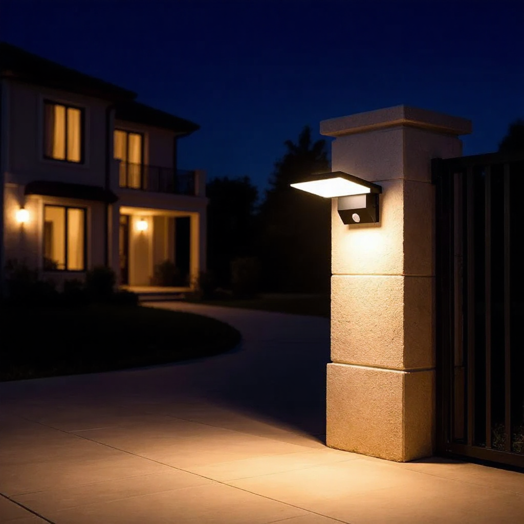 Black LumiFold adjustable outdoor wall light on a stone gate pillar at night