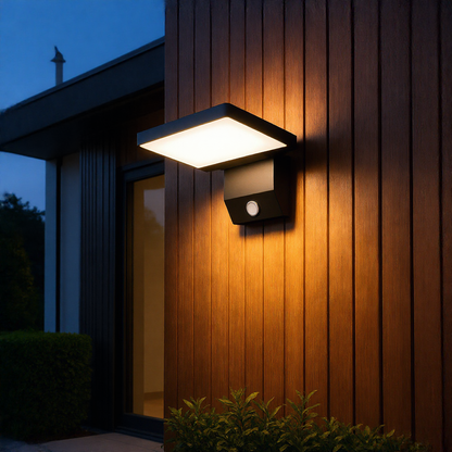 Black LumiFold adjustable outdoor wall light on a wood-clad facade at blue hour