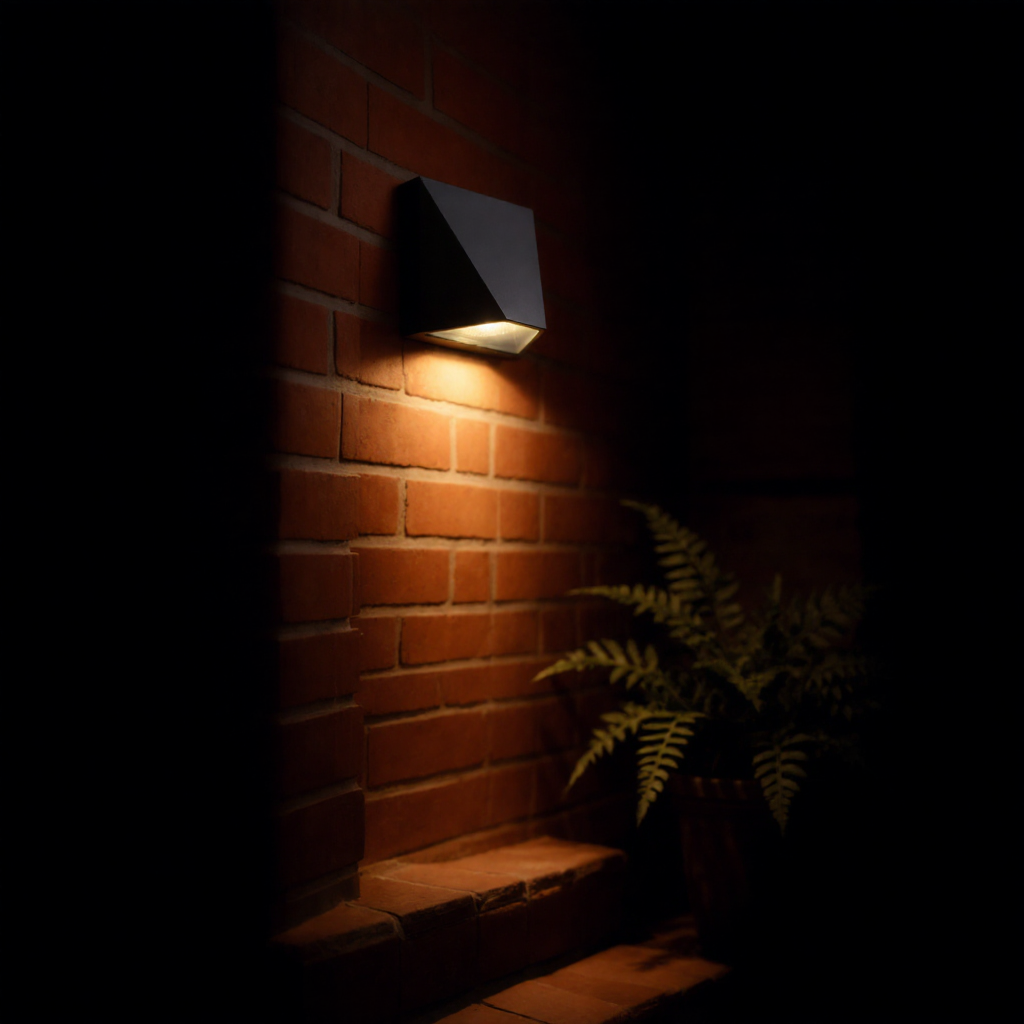 Black minimalist LED wall lamp lighting a brick stairway at night