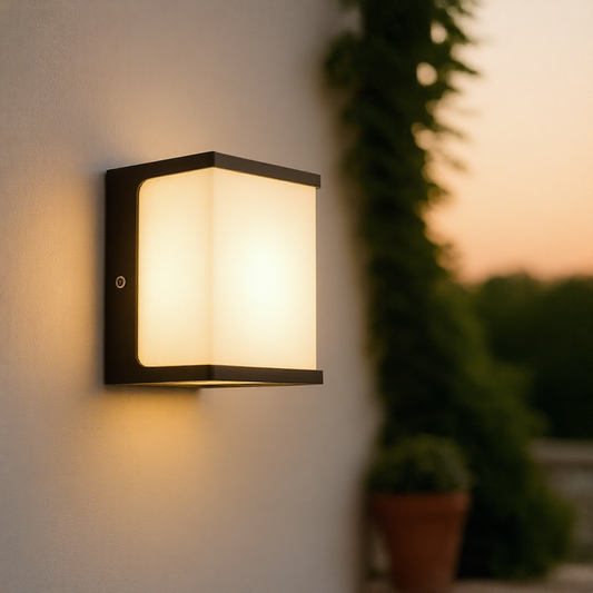 AeroCube square LED wall light glowing on a cream courtyard wall at dusk